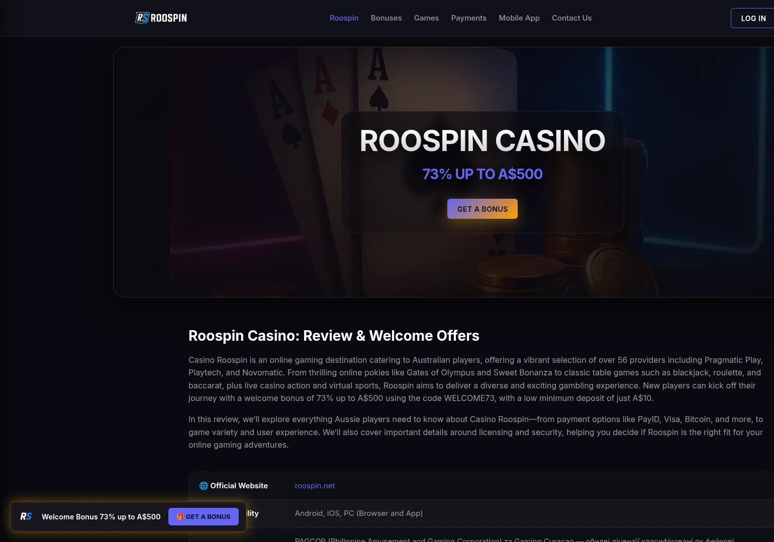 Roospin Casino desktop interface with casino access and payment options